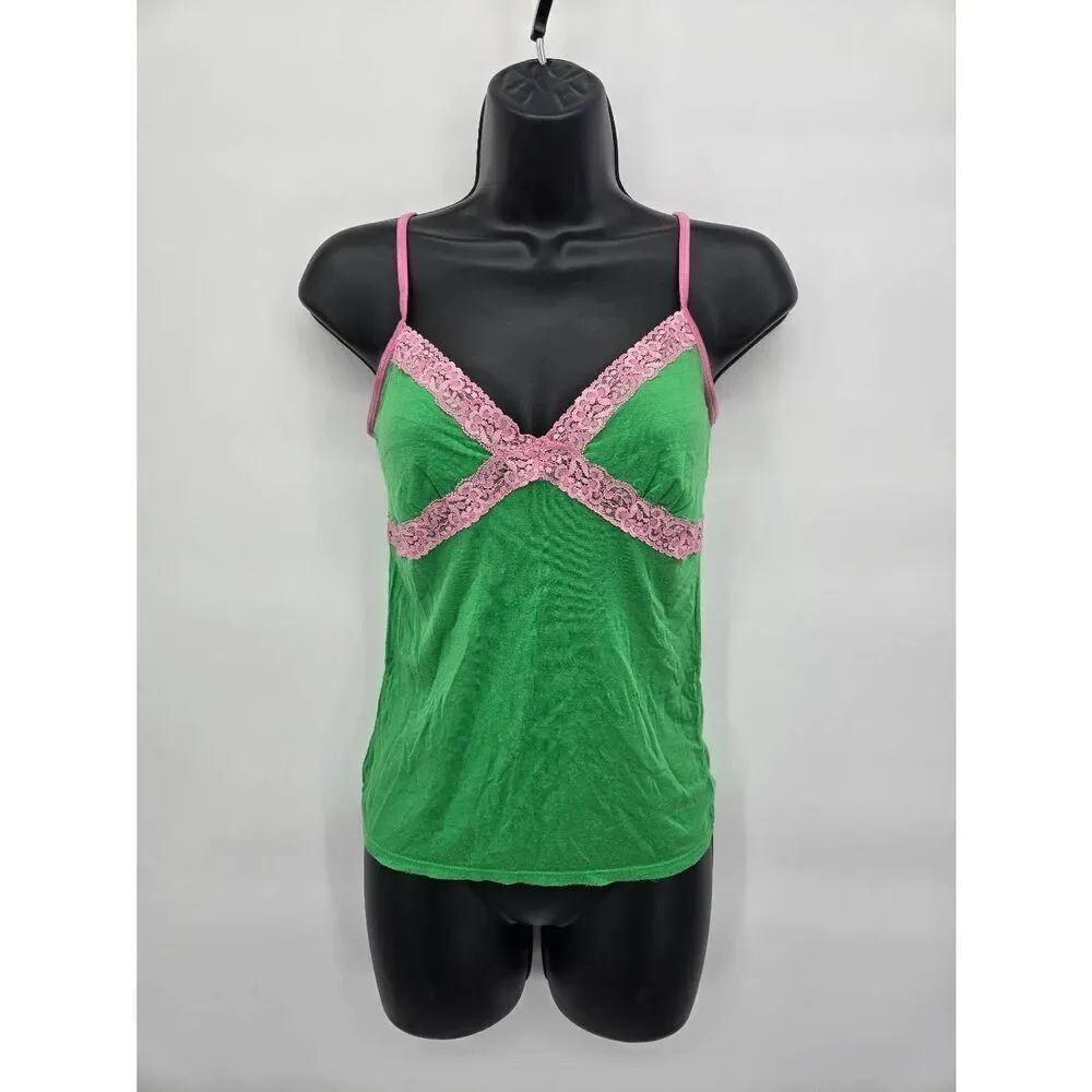 Vintage Victoria’s Secret Pink Cami Tank Size XS/ Small Green Pink Lace